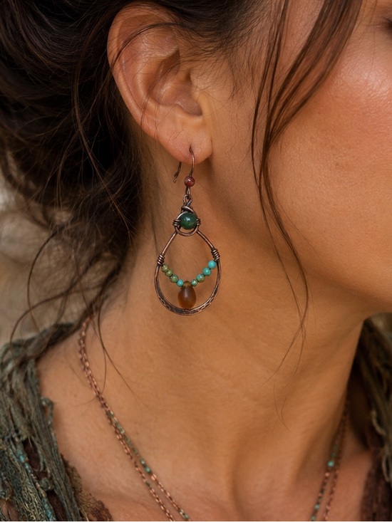 Artisan Jewelry - Artisan Made Copper drop Earrings with Moss Agate and Turquoise
